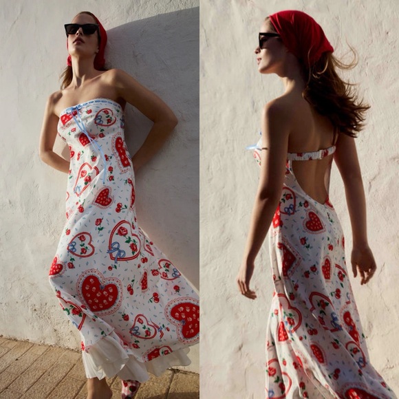 For Love And Lemons Dresses & Skirts - For Love & Lemons Daisy Mae Heart Cherry Print Strapless Ruffle Midi Dress